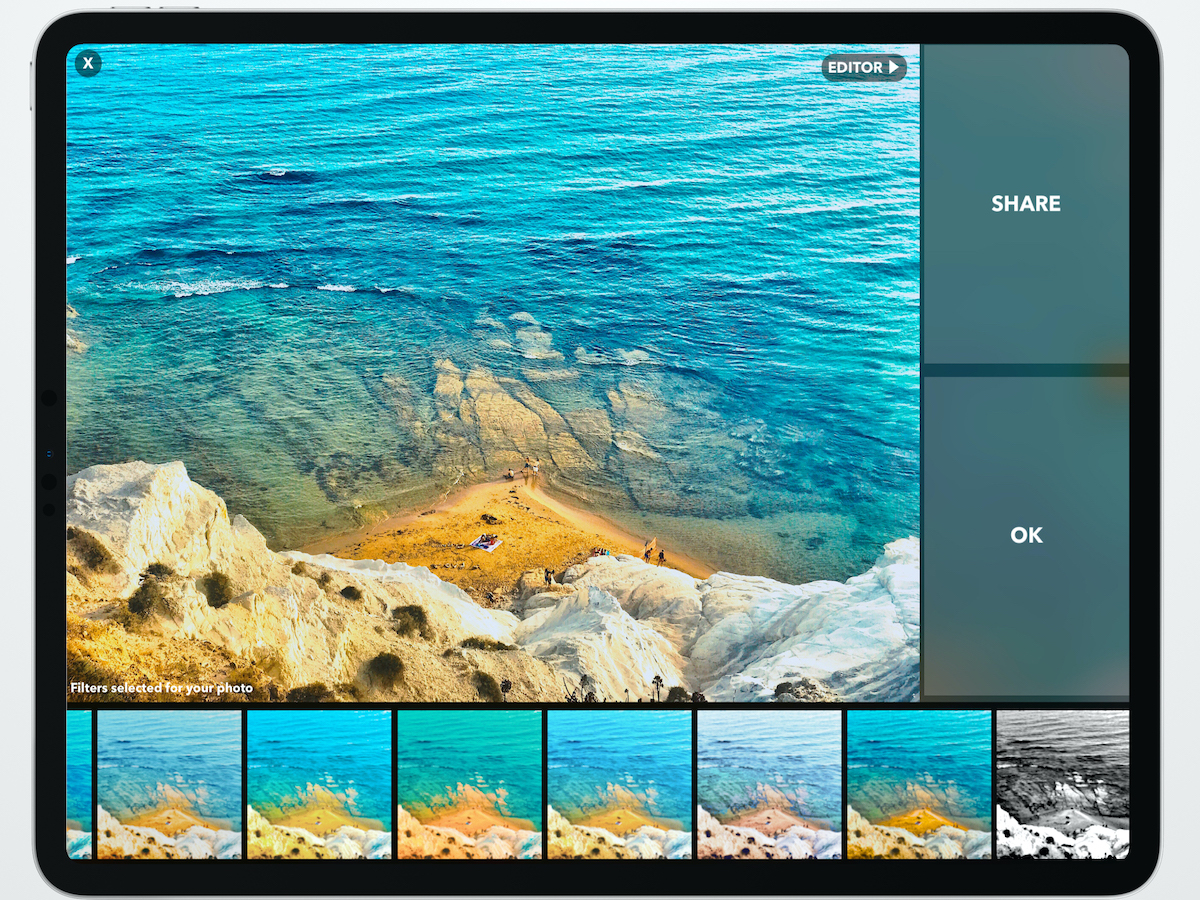 DSLR Camera photo editor on iPad with filter previews