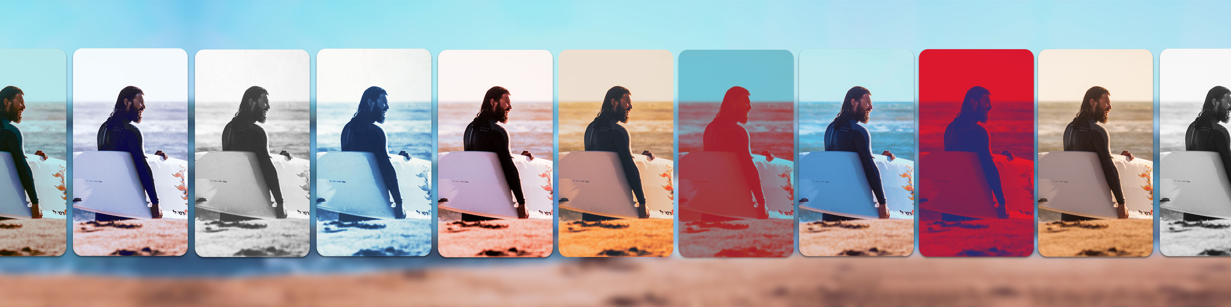 Colour and black-and-white filters compared on the same surfer photo