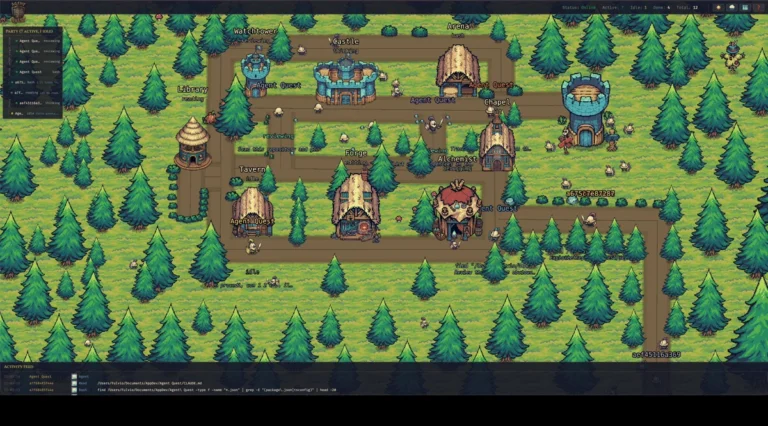 The Agent-Quest village with AI agents represented as characters