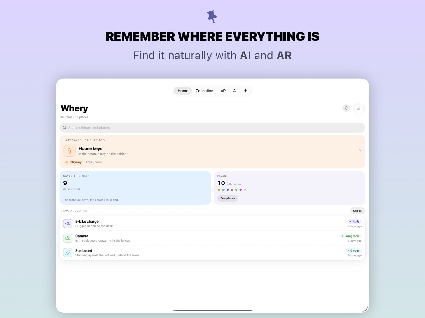 Whery on iPad: Home with the last saved thing, places and recently viewed items