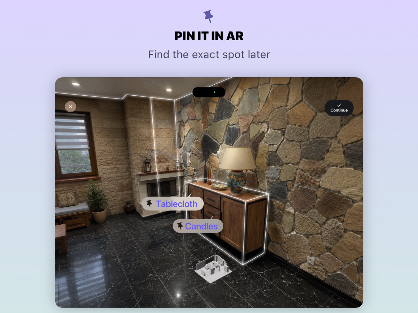 Whery on iPad: a room scanned in augmented reality with pinned things