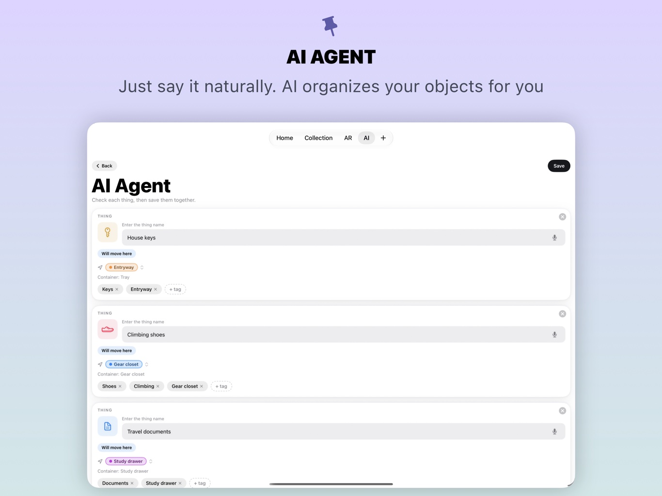 Whery on iPad: the AI Agent organising several things from one sentence