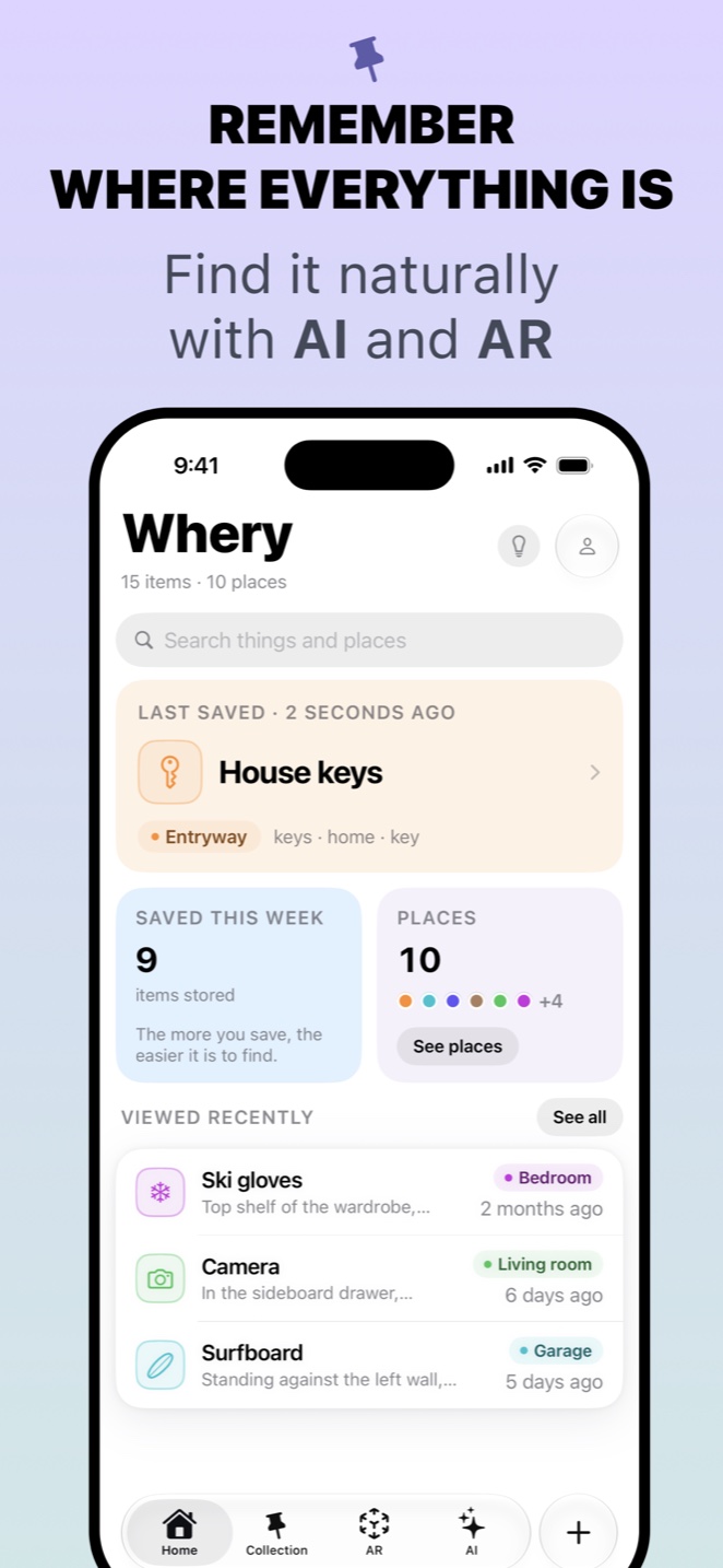 Whery on iPhone: Home with the last saved thing, places and recently viewed items