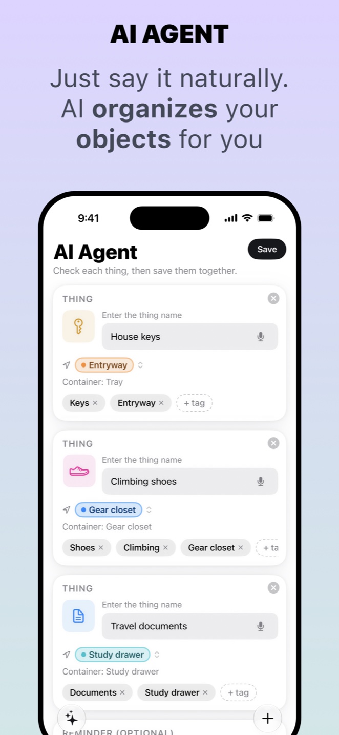Whery on iPhone: the AI Agent splitting one sentence into three things with their places
