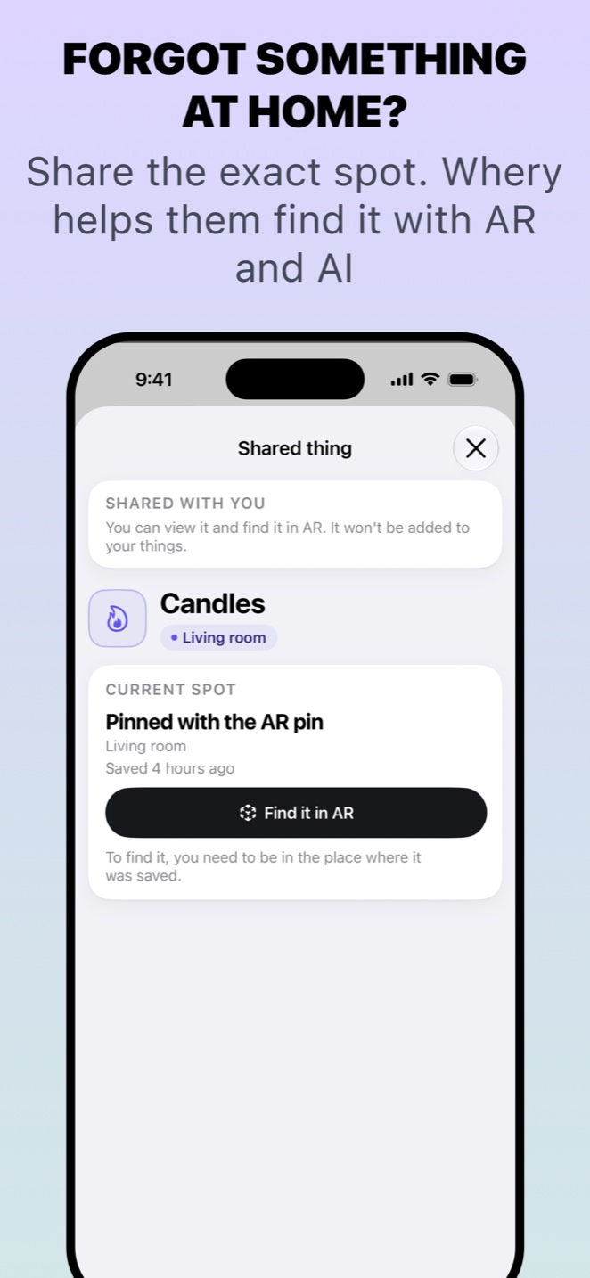 Whery on iPhone: a shared thing with its AR pin, ready to be found