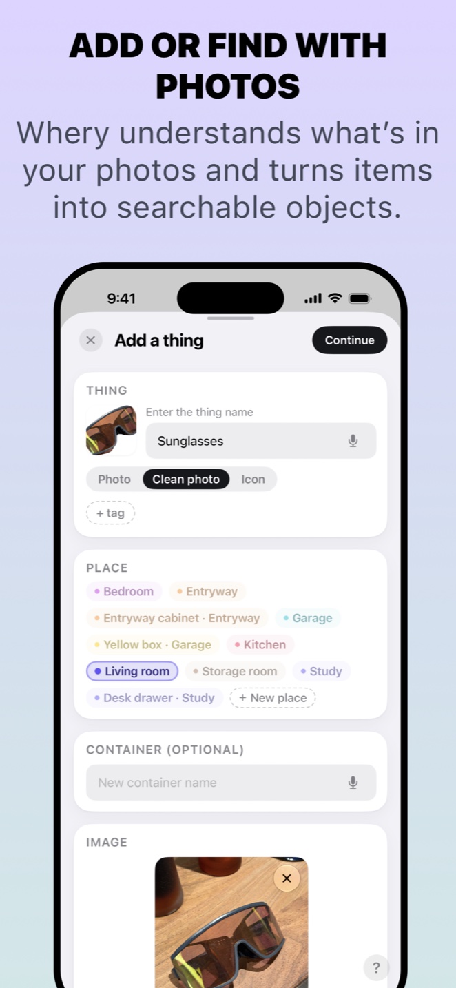 Whery on iPhone: adding a thing from a photo, with the place suggested