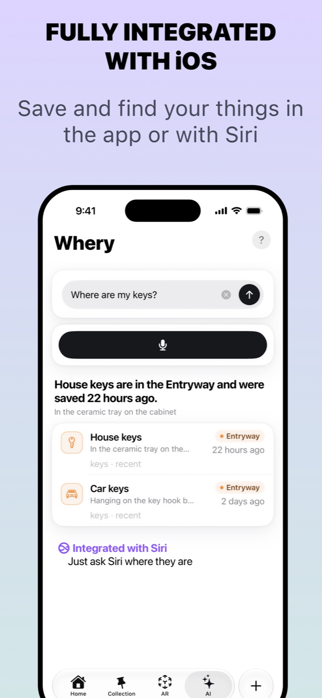 Whery on iPhone: asking where the keys are and getting the exact spot, with Siri integration