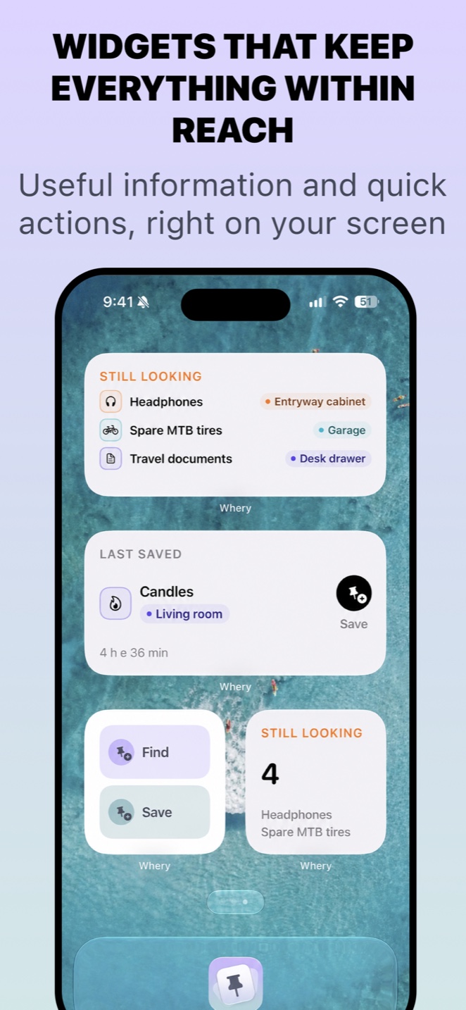 Whery on iPhone: Home Screen widgets showing things still to find and quick actions