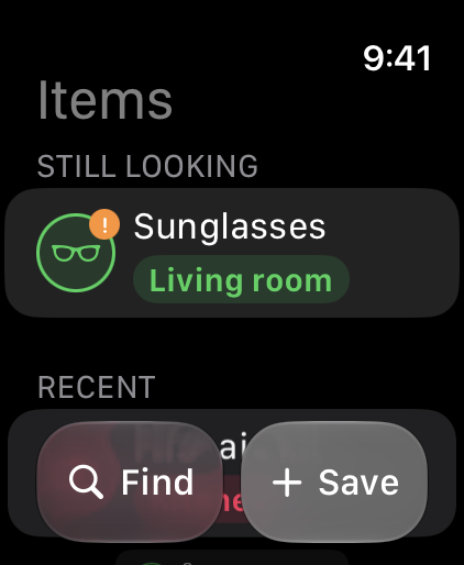 Whery on Apple Watch: the Items list with a thing still to find